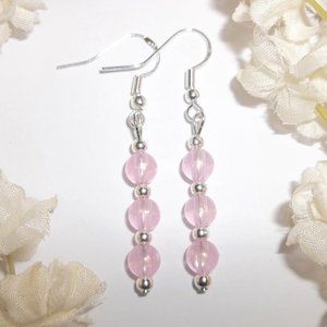 Pink & Silver Dangle Earrings Beaded Simple 6557